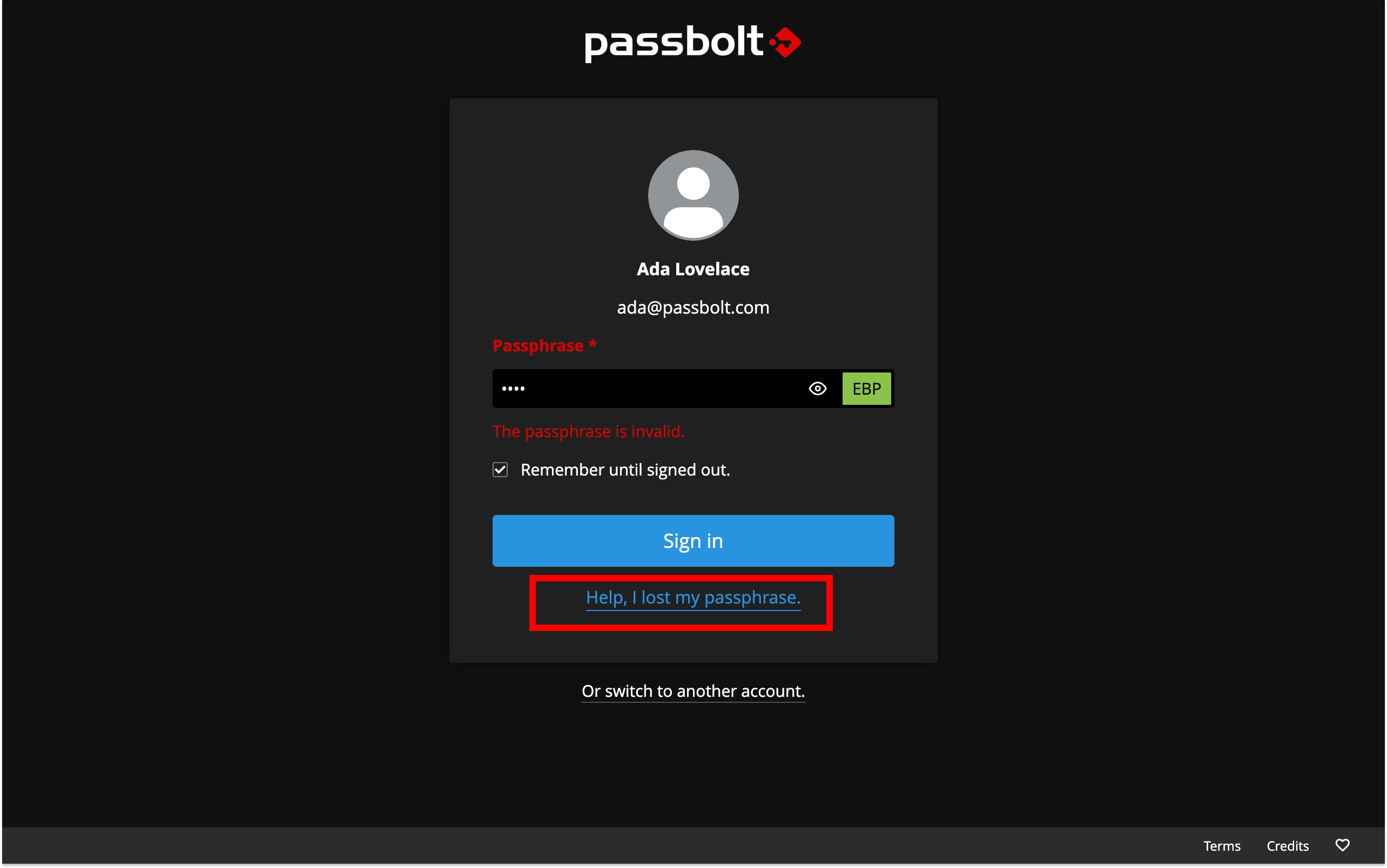 Login screen with lost passphrase