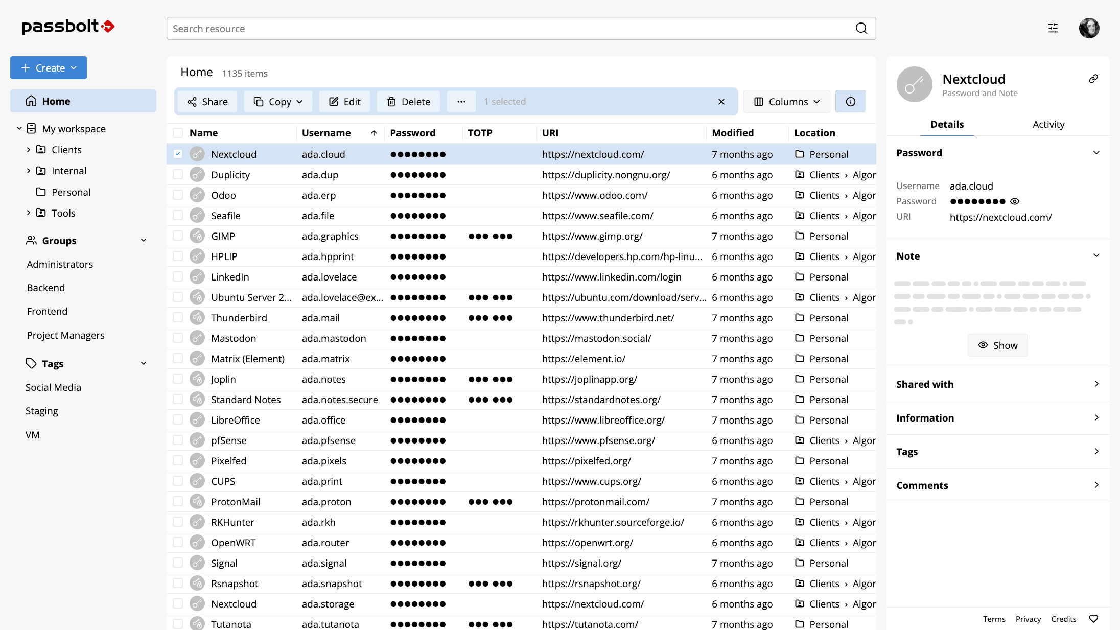 Preview of Passbolt interface
