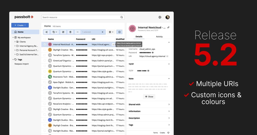 Passbolt 5.2 introduces multiple URIs and custom icons