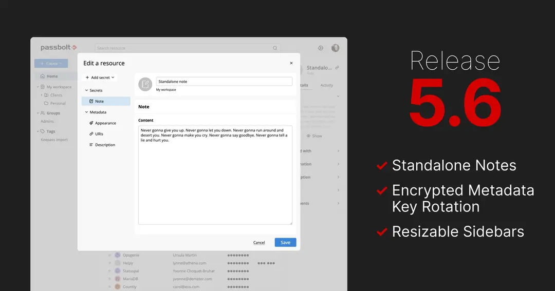 Passbolt 5.6: standalone notes, shared-metadata key rotation, and resizable sidebars
