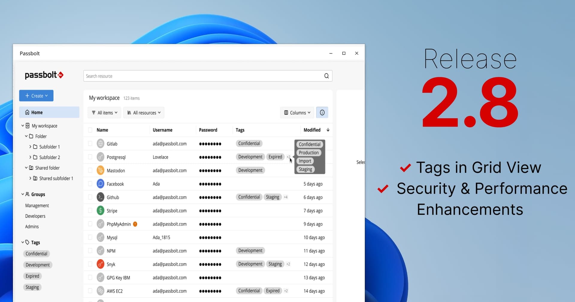 Passbolt Windows App 2.8.0: Tags in Grid & Security Improvements