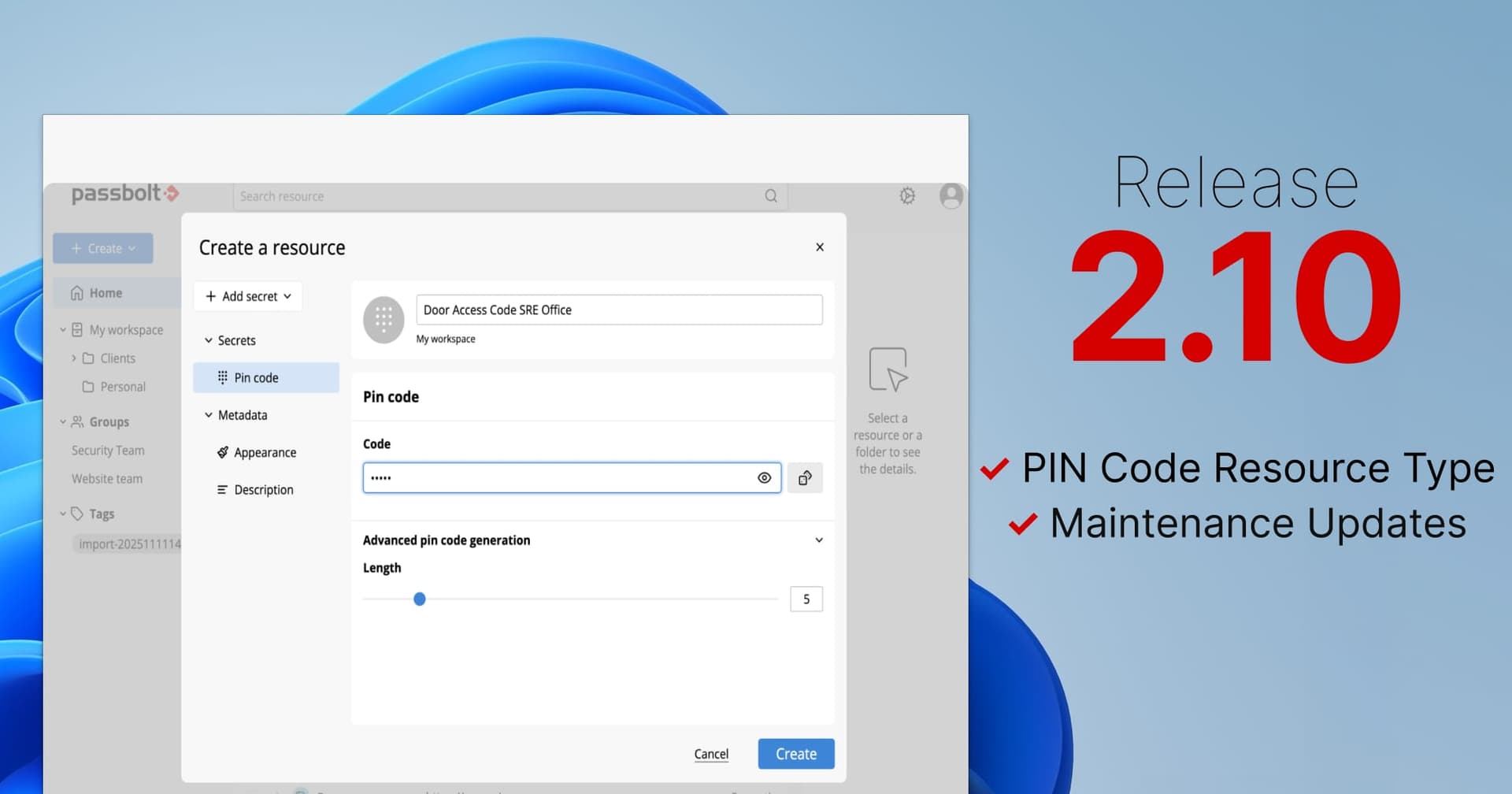 Passbolt Windows App 2.10.0: PIN Code Resource Type & Maintenance Updates
