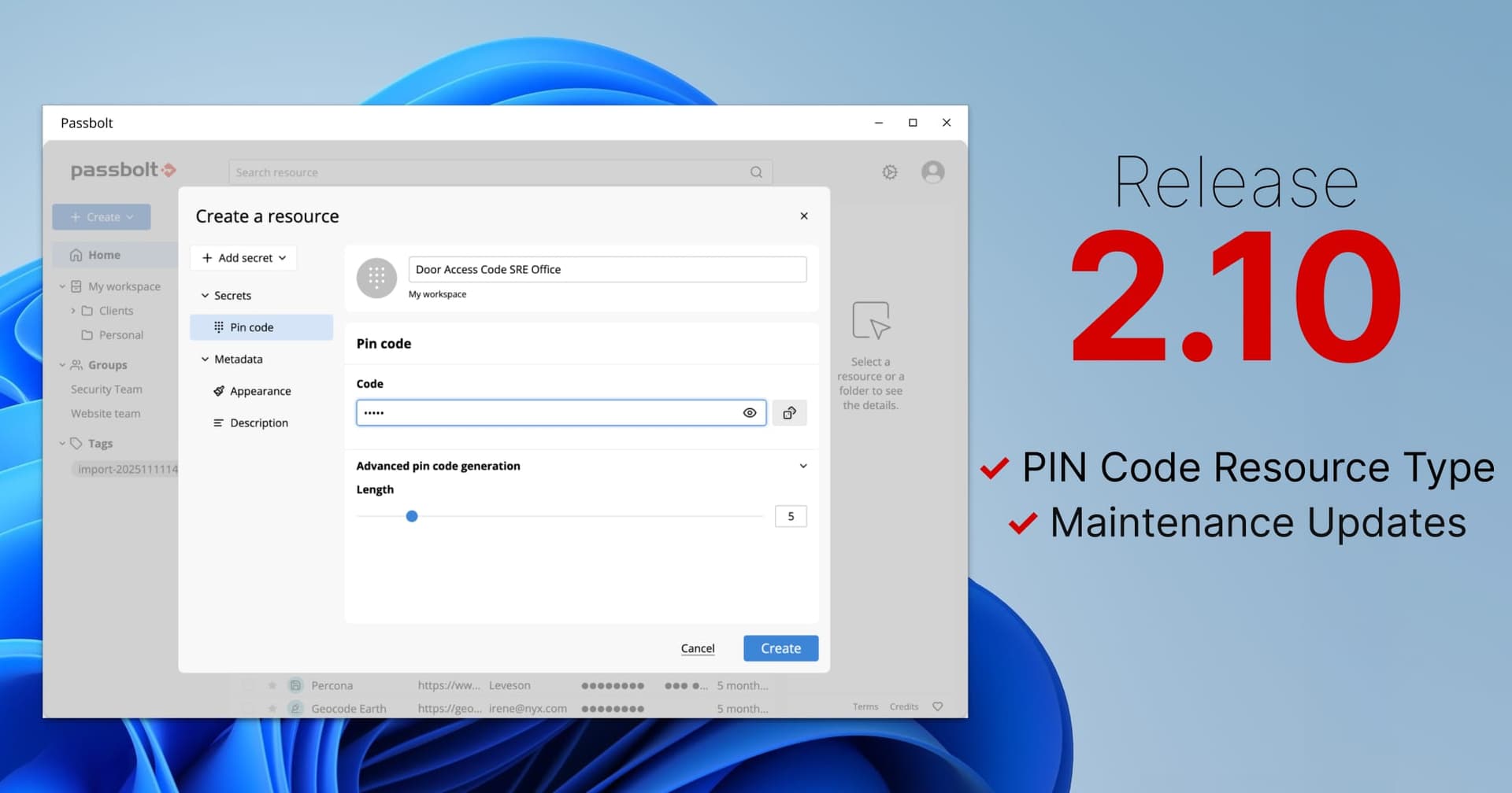 Passbolt Windows App 2.10.0: PIN Code Resource Type & Maintenance Updates