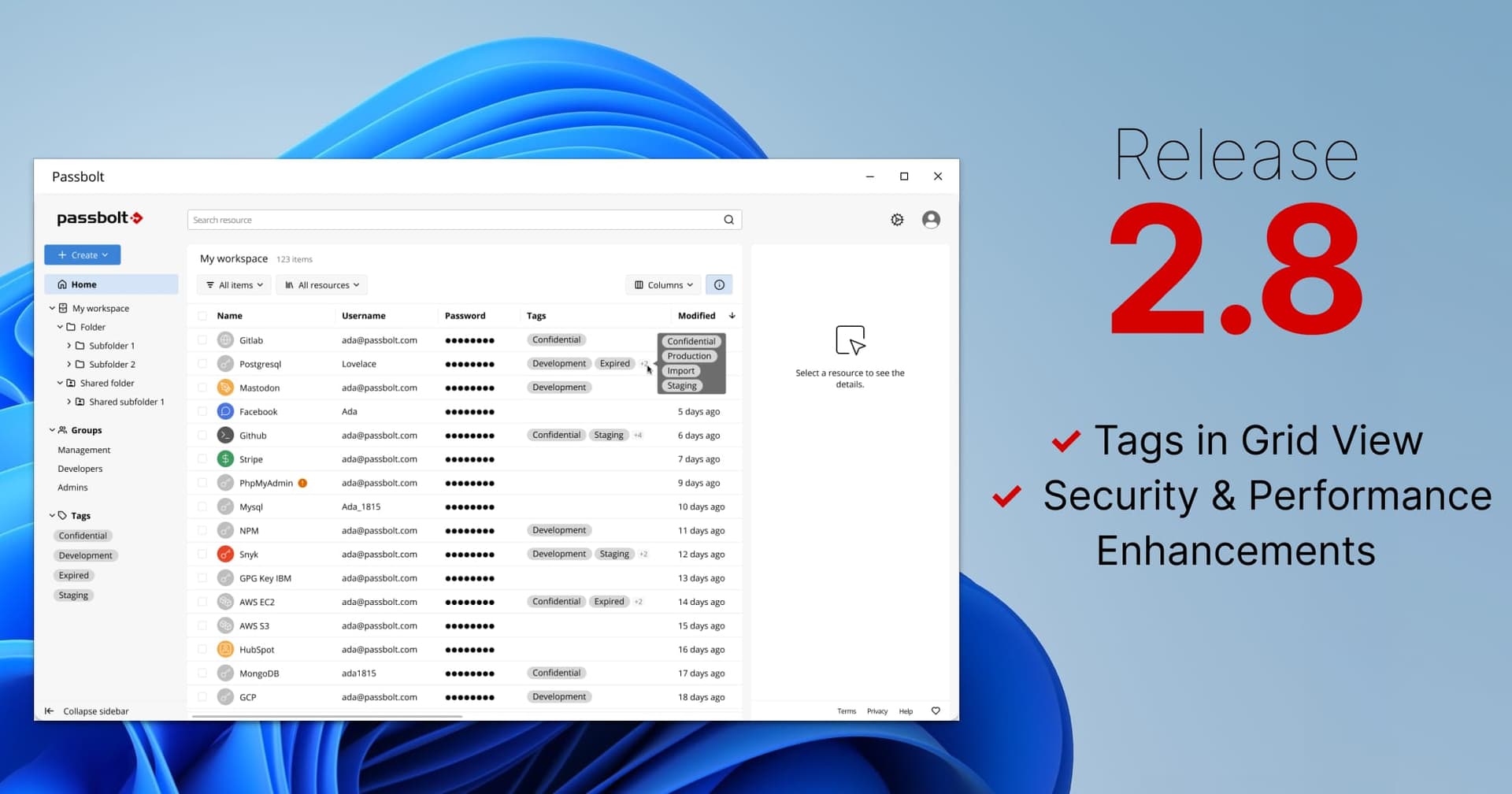 Passbolt Windows App 2.8.0: Tags in Grid & Security Improvements