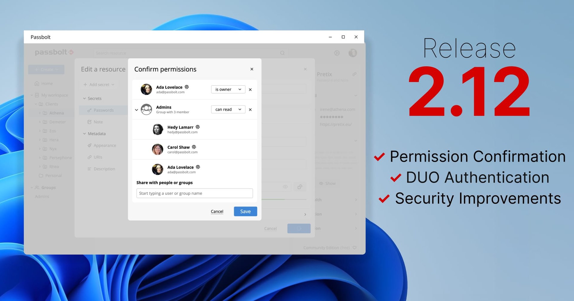Passbolt Windows 2.12.0: Permission Confirmations, Duo MFA & Security Improvements