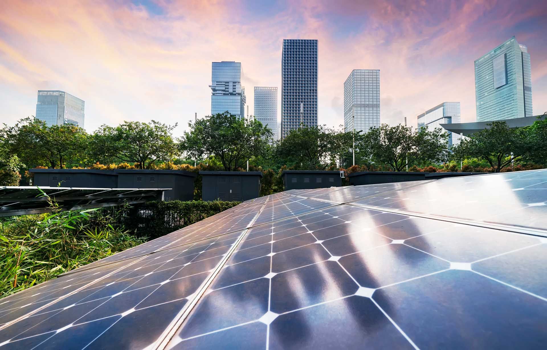 Solar panel installation in front of office buildings