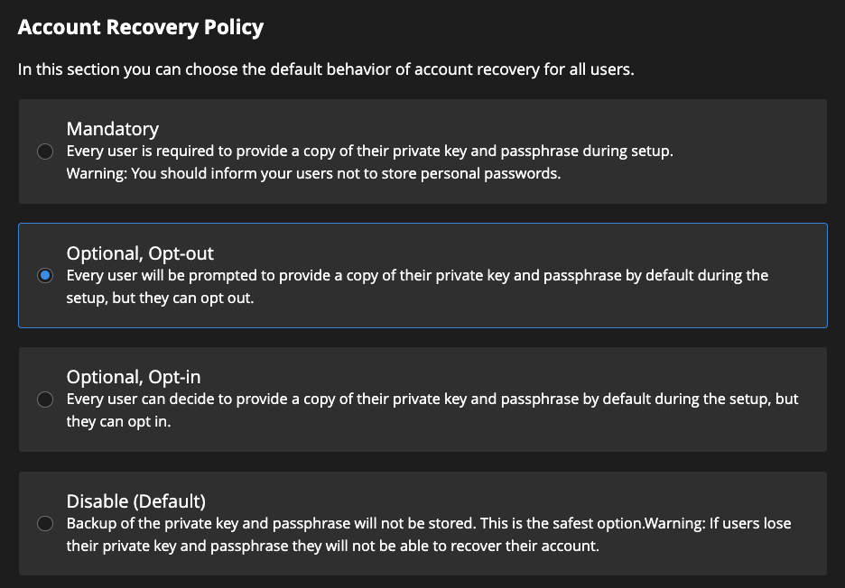 Choose account recovery policy