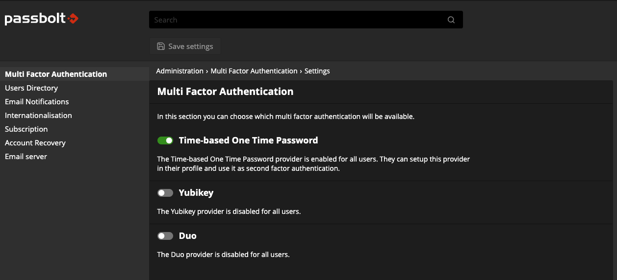 Enable TOTP in Administration settings