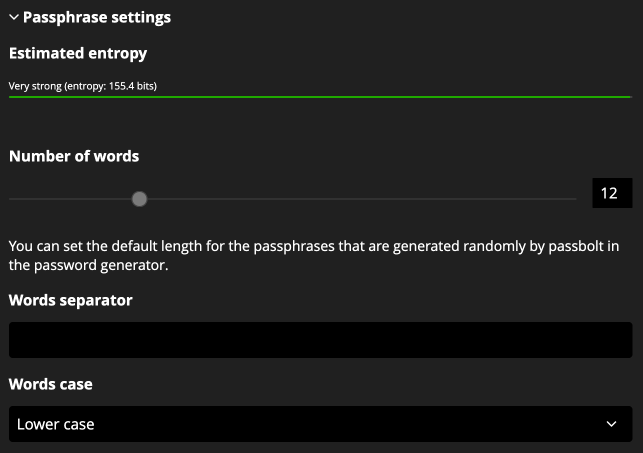 Default passphrase generator settings