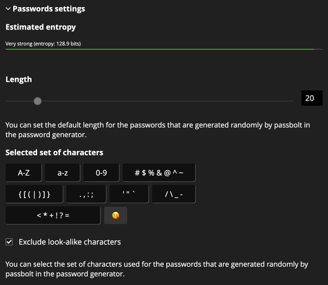 Default password generator settings
