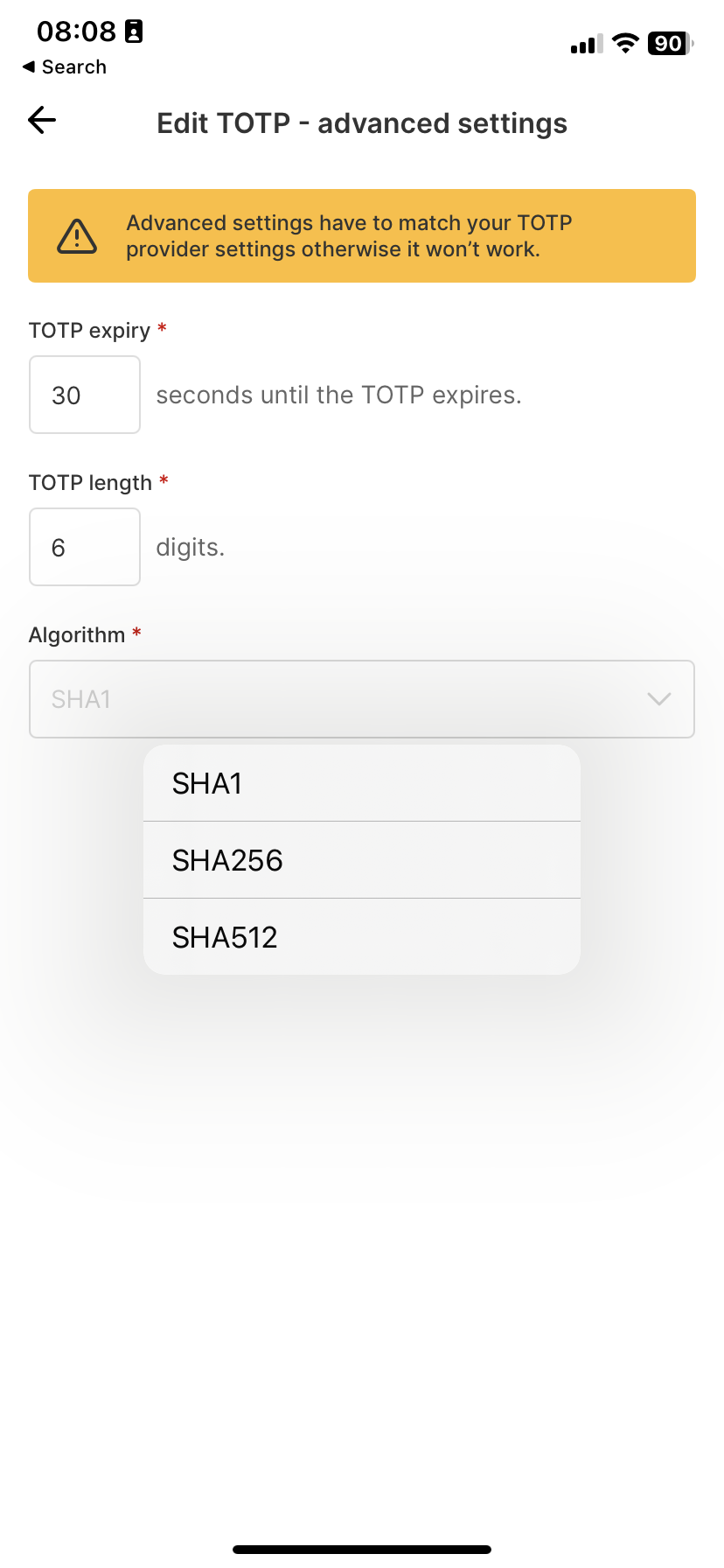 iOS - TOTP Advanced Settings