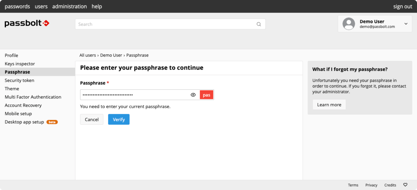 Update passphrase - step 2