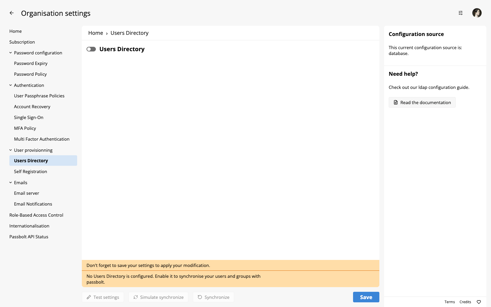 LDAP directory settings screen (disabled)