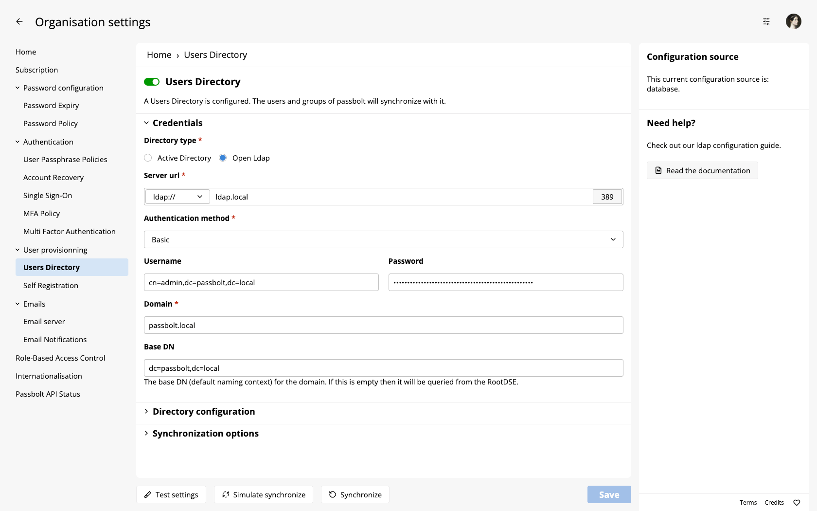 LDAP directory settings screen (enabled)