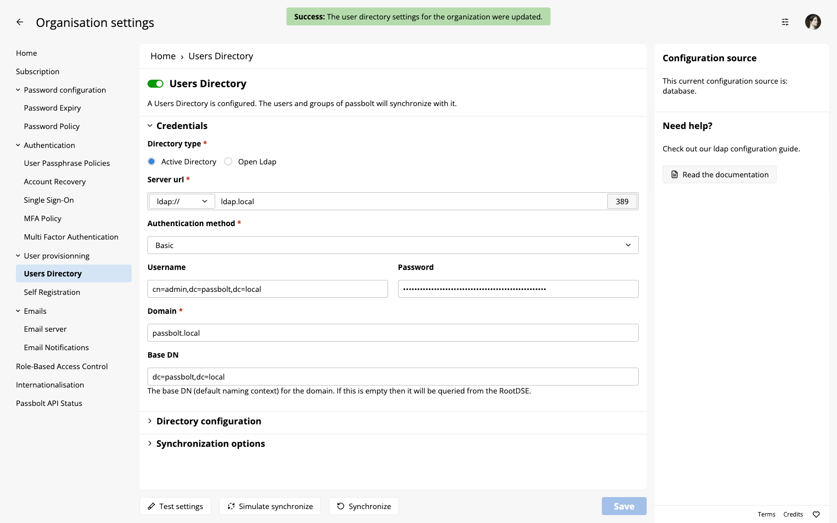 LDAP directory settings have been saved