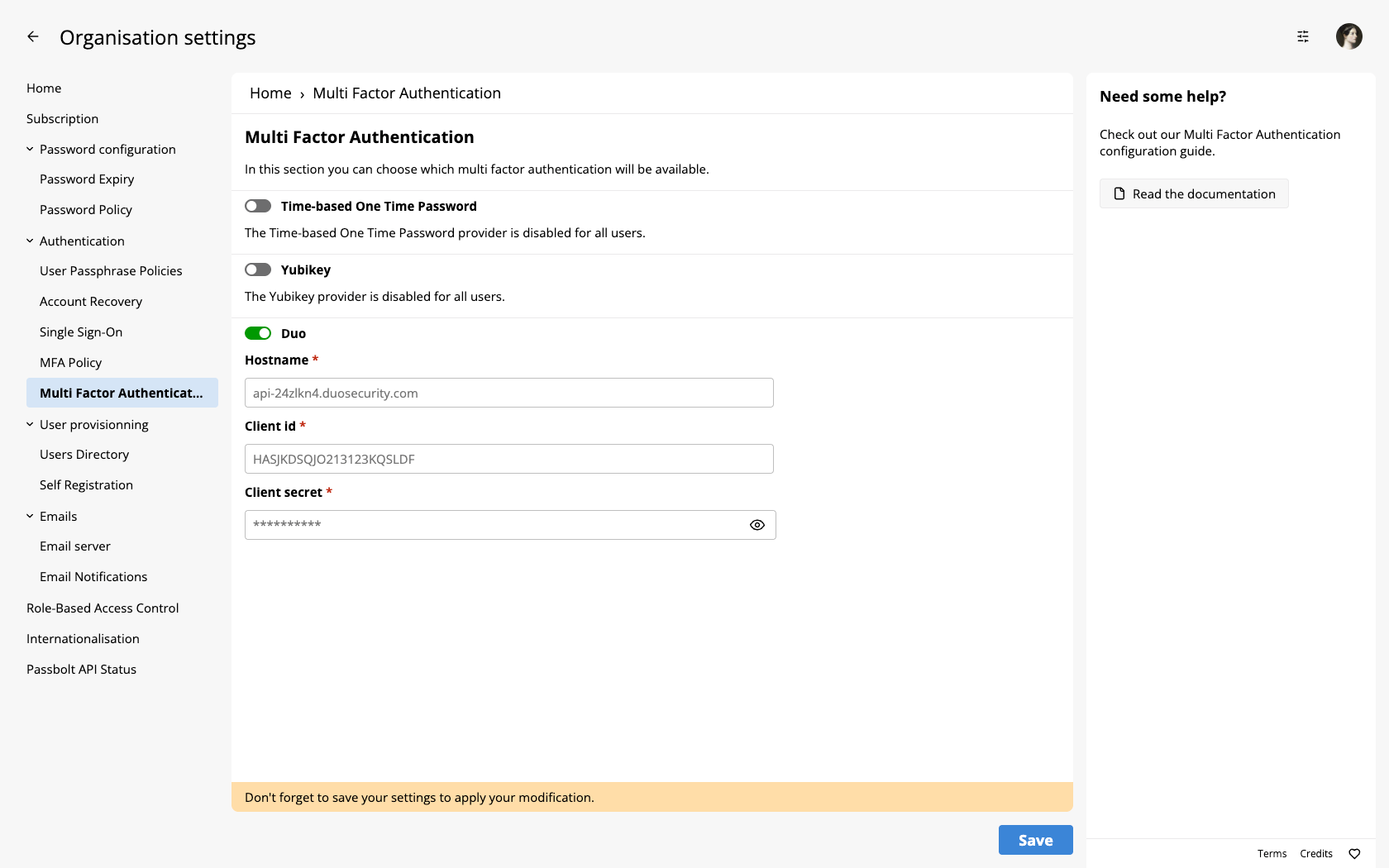 Enable Duo in administration settings