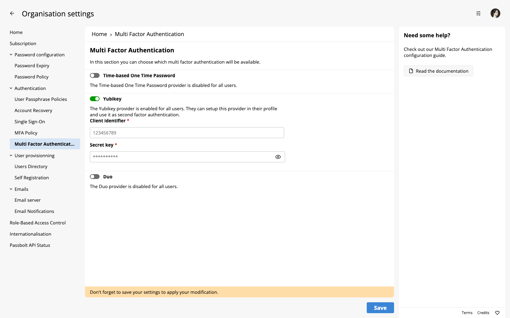 Enable YubiKey in administration settings