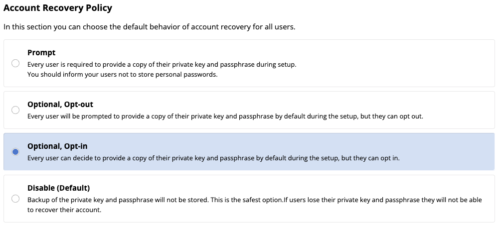 Choose account recovery policy