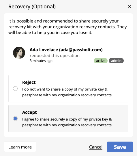 Account recovery screen during browser extension setup process (Opt-out policy)