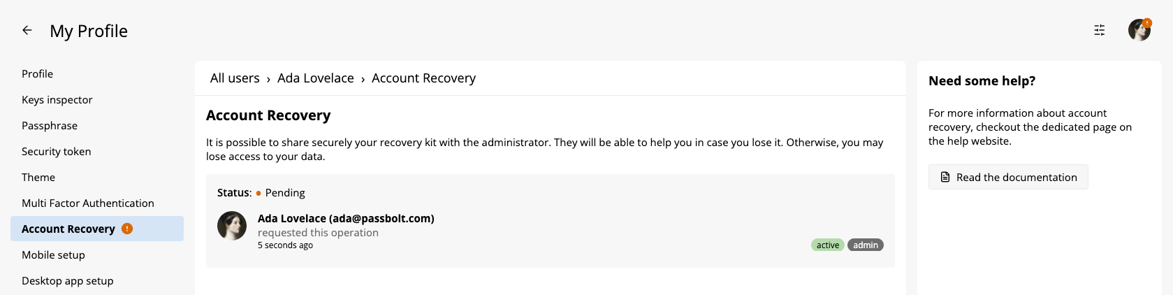 Account recovery user setting screen.