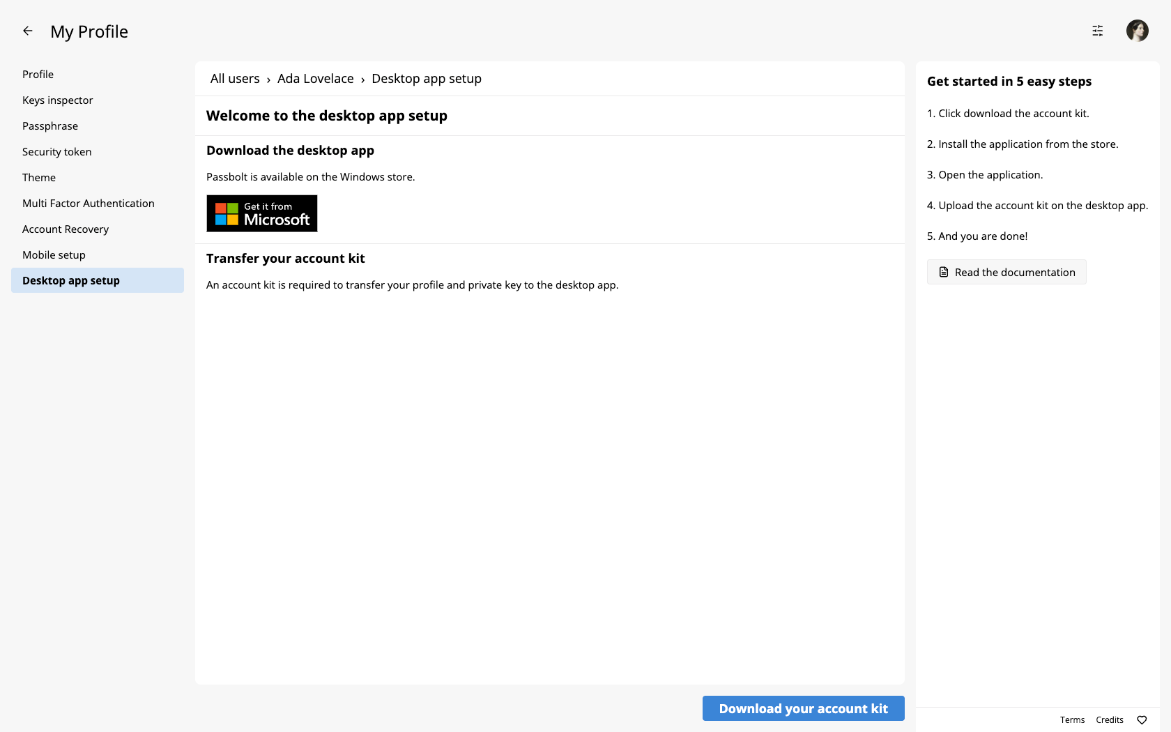 Home Desktop app page from profile