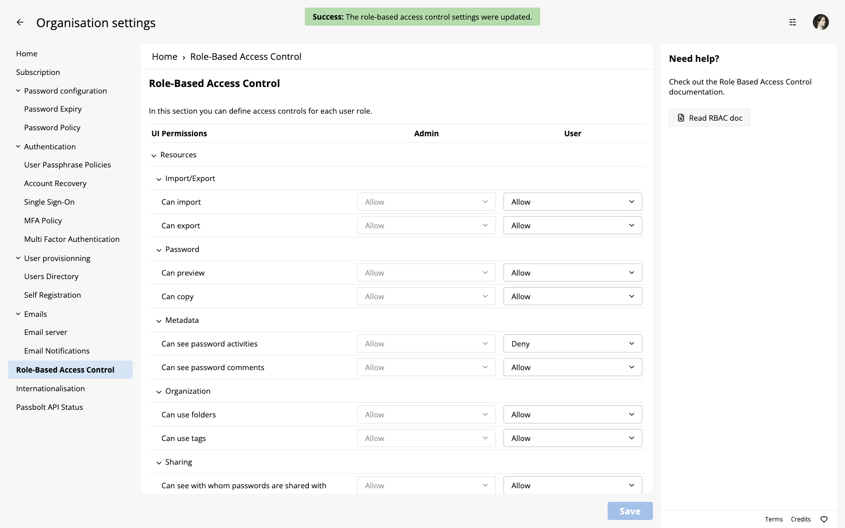 RBAC administration settings save changes
