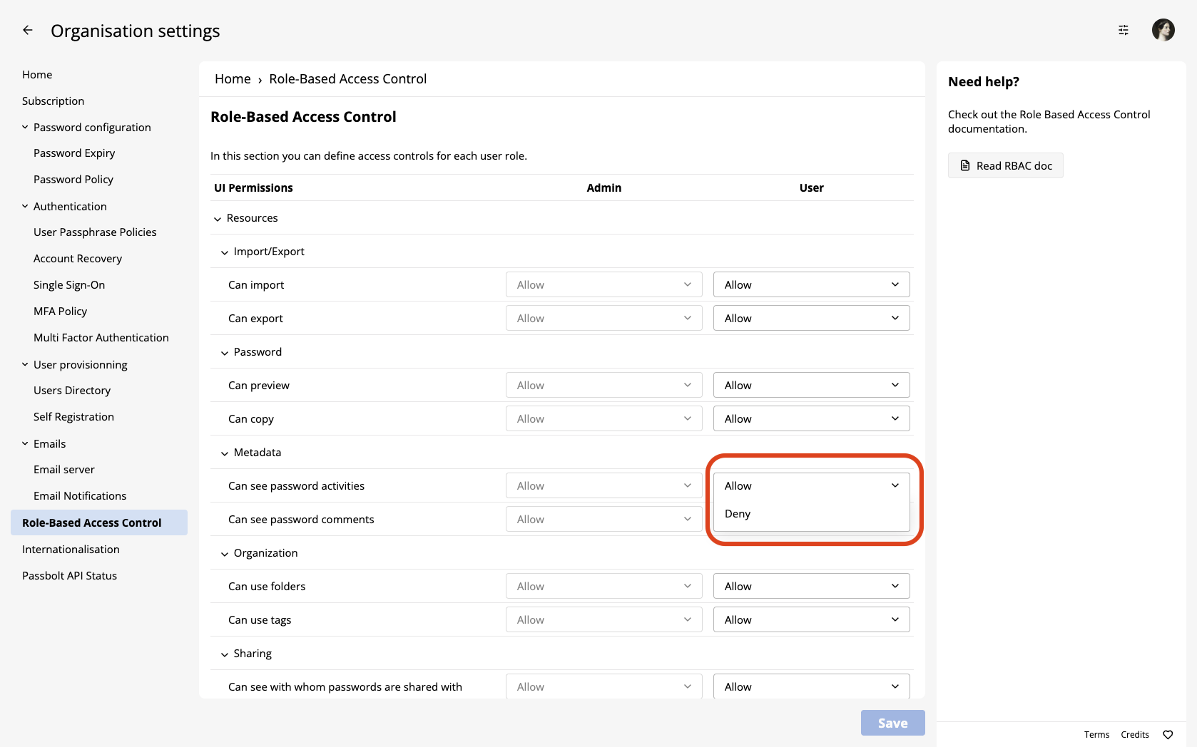 RBAC administration settings select permission