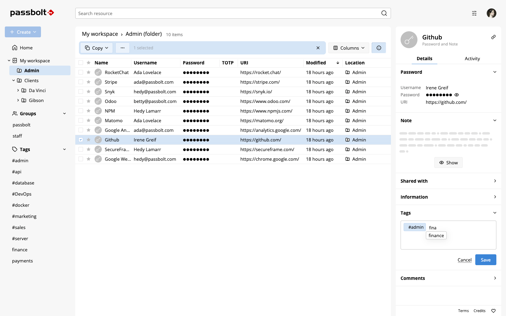 Tags in passwords workspace