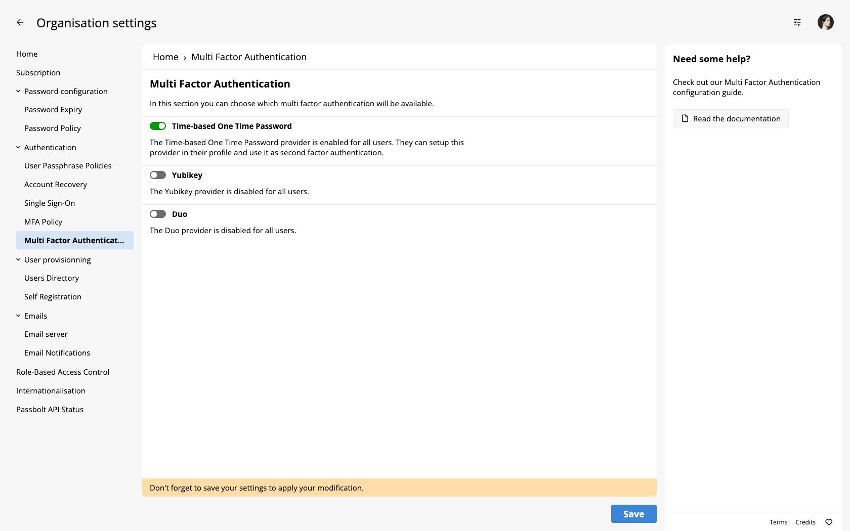 Enable TOTP in Administration settings