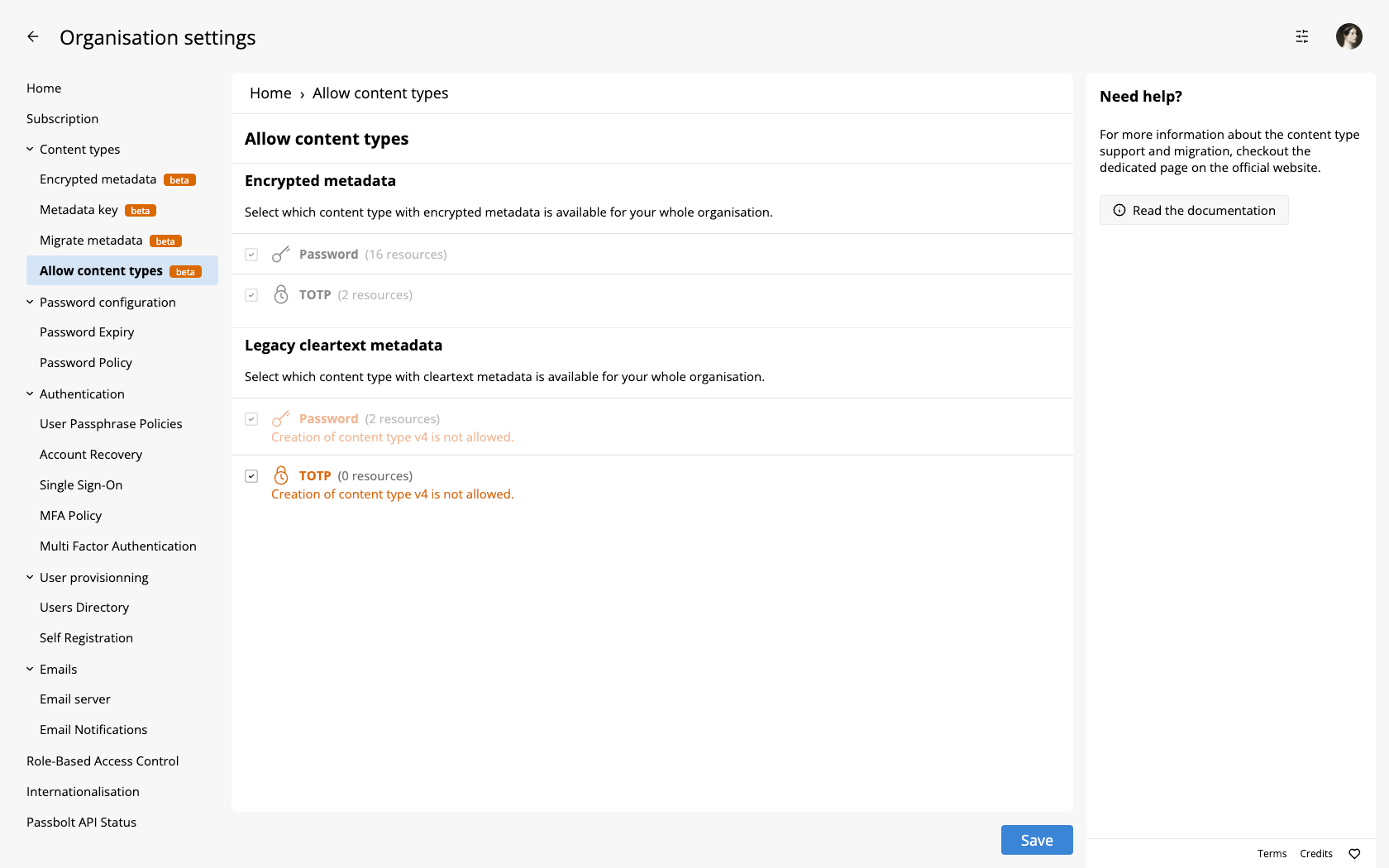 Warning about content type v4 not being allowed