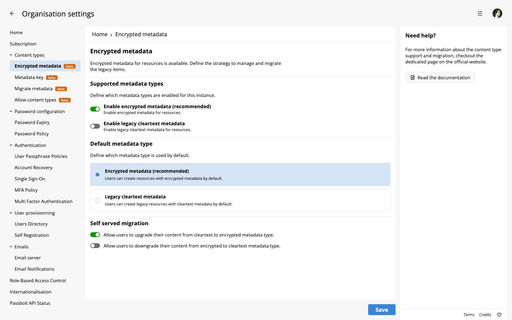Encrypted metadata configuration options