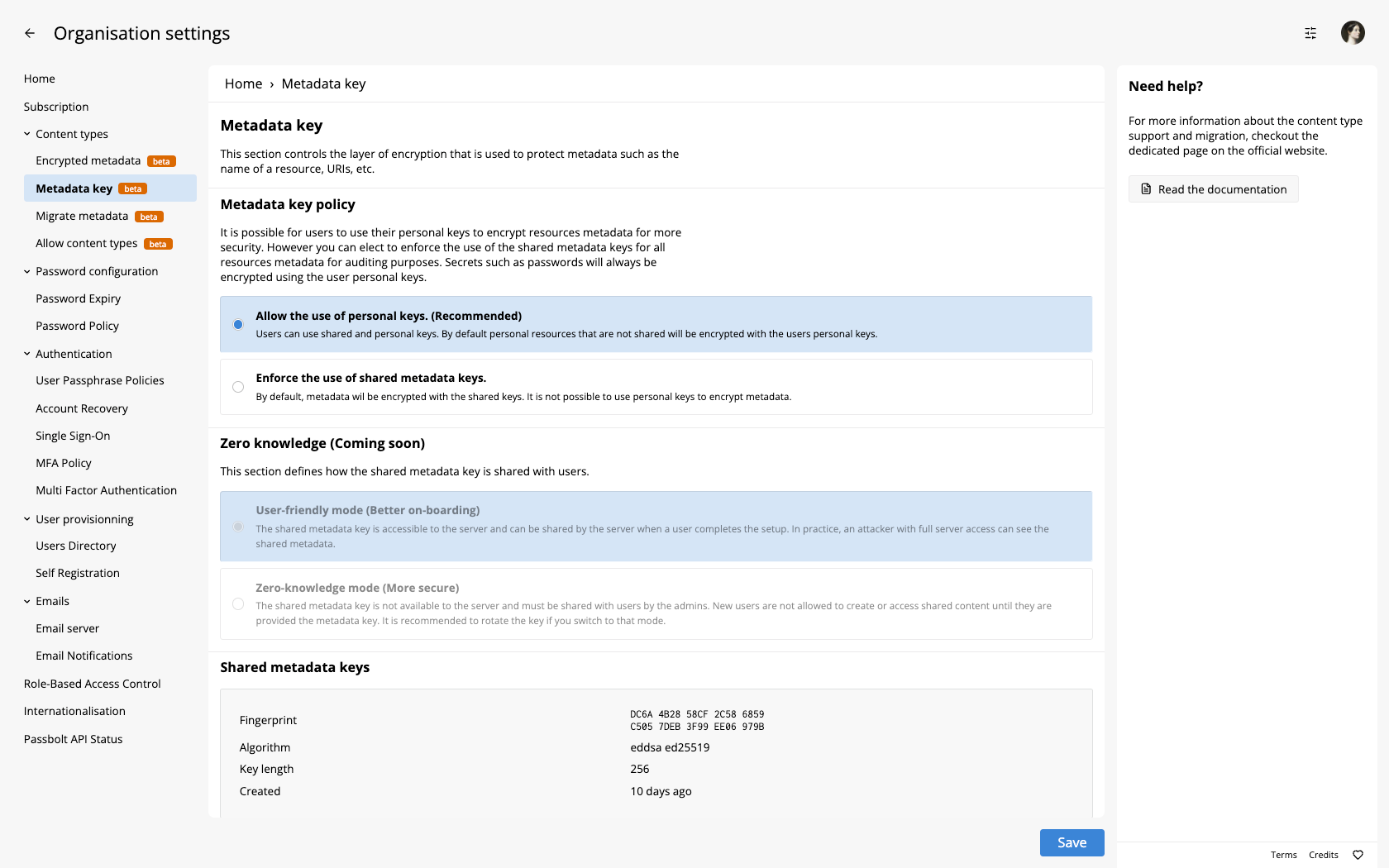 Metadata key management interface