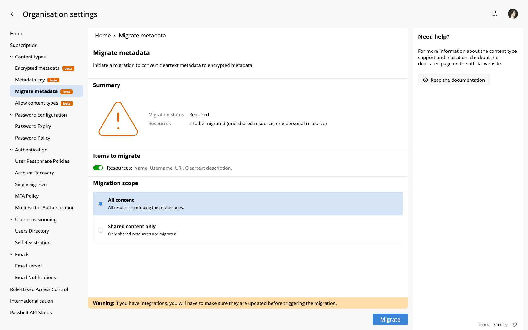 Metadata migration interface