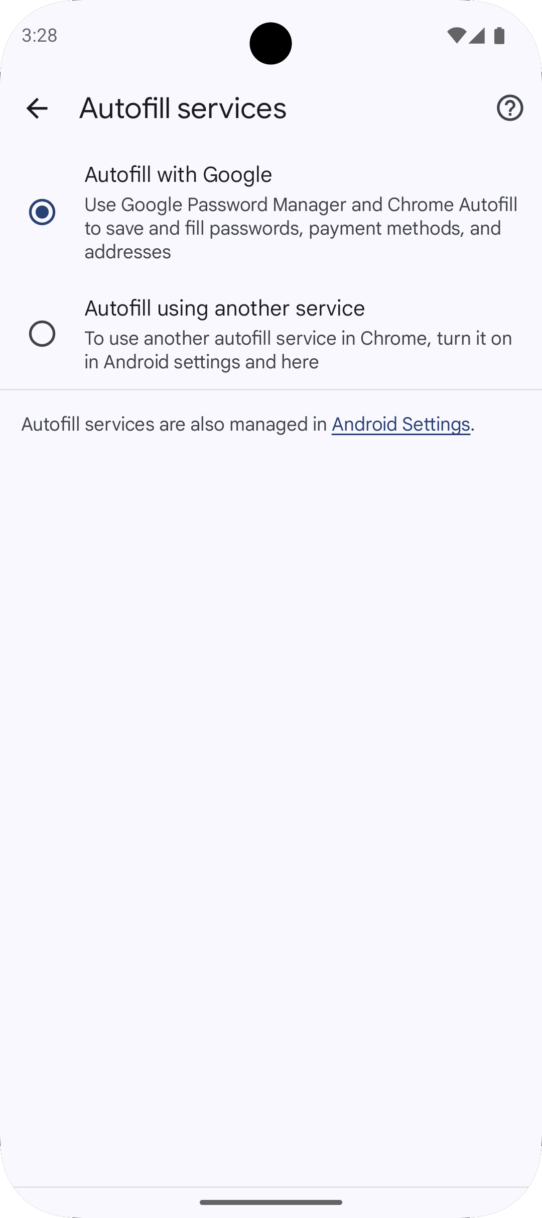 Chrome autofill services settings
