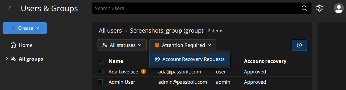 Active pending requests on the 'Manage Users & Groups' page