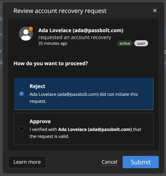 Review prompt for pending requests on the 'Manage Users & Groups' page