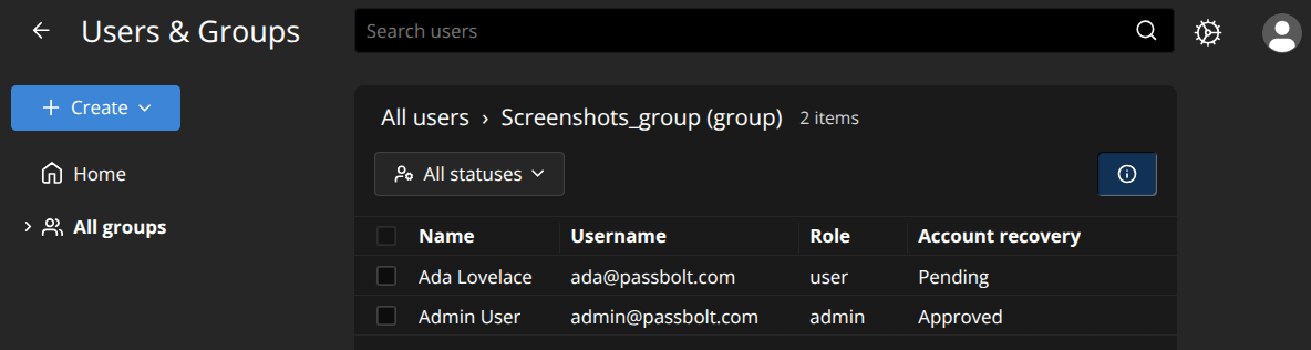 Account recovery status on the 'Manage Users & Groups' page