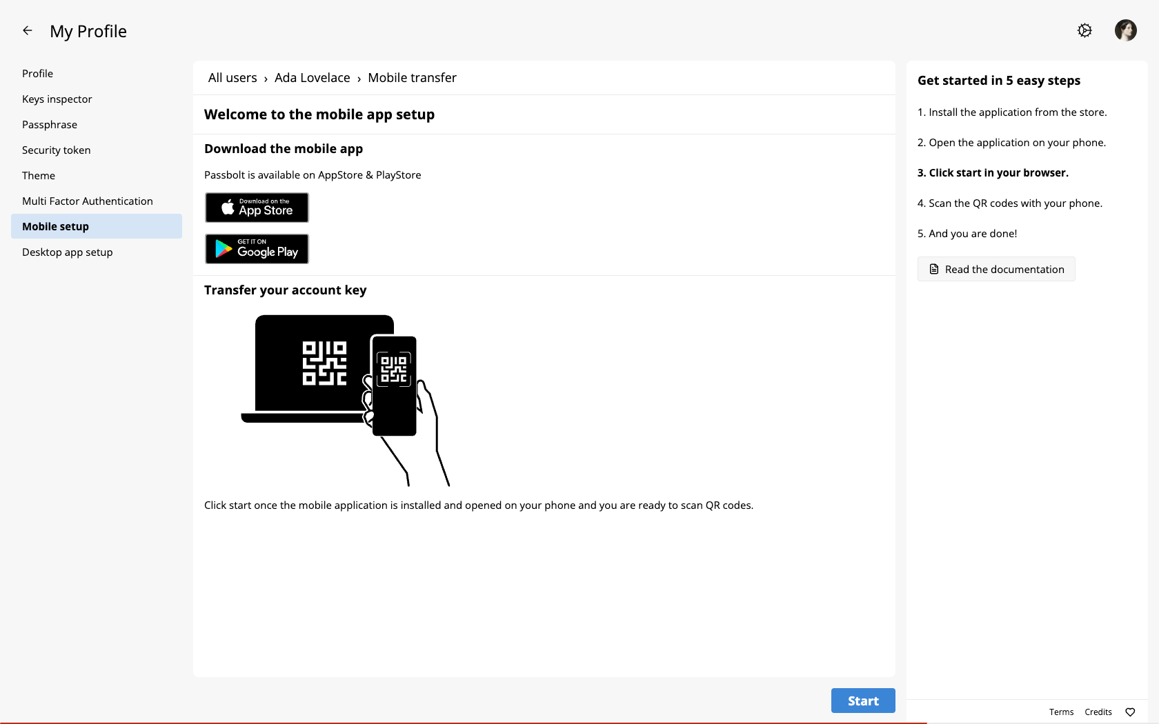 Mobile setup page in the browser showing QR codes