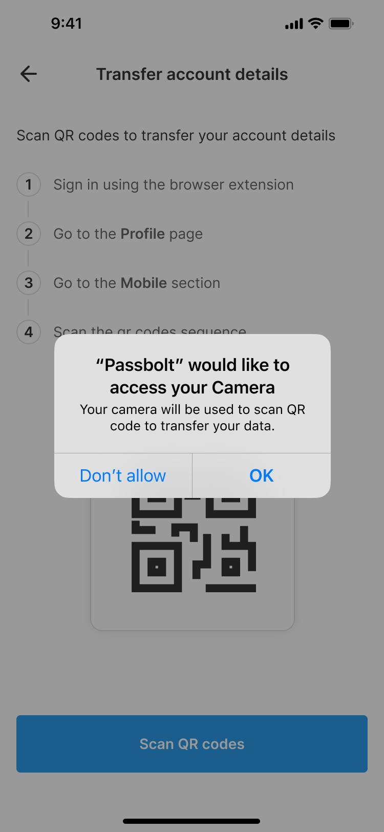 Camera screen for scanning QR code in the passbolt mobile app
