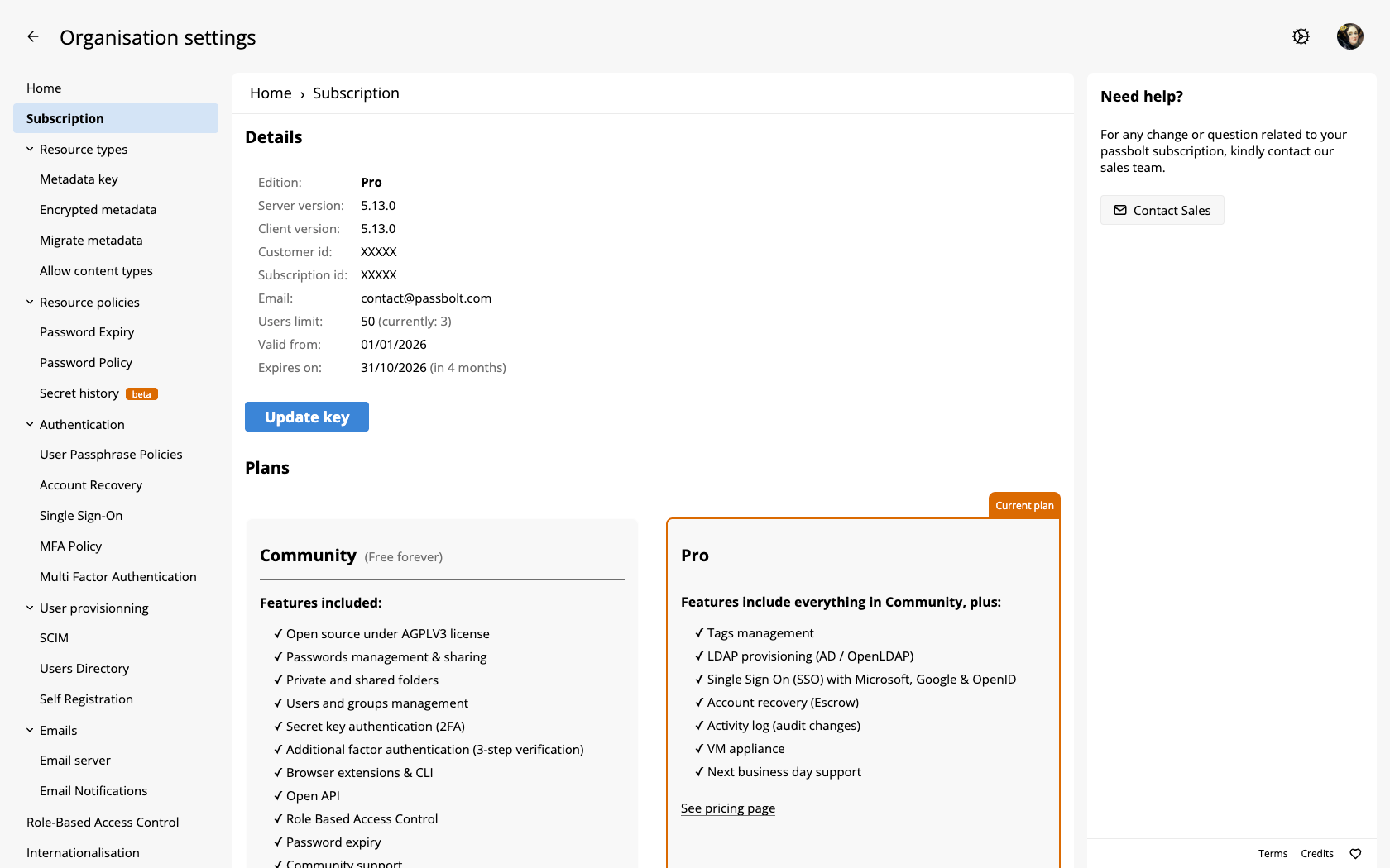 Subscription details in subscription key administration screen
