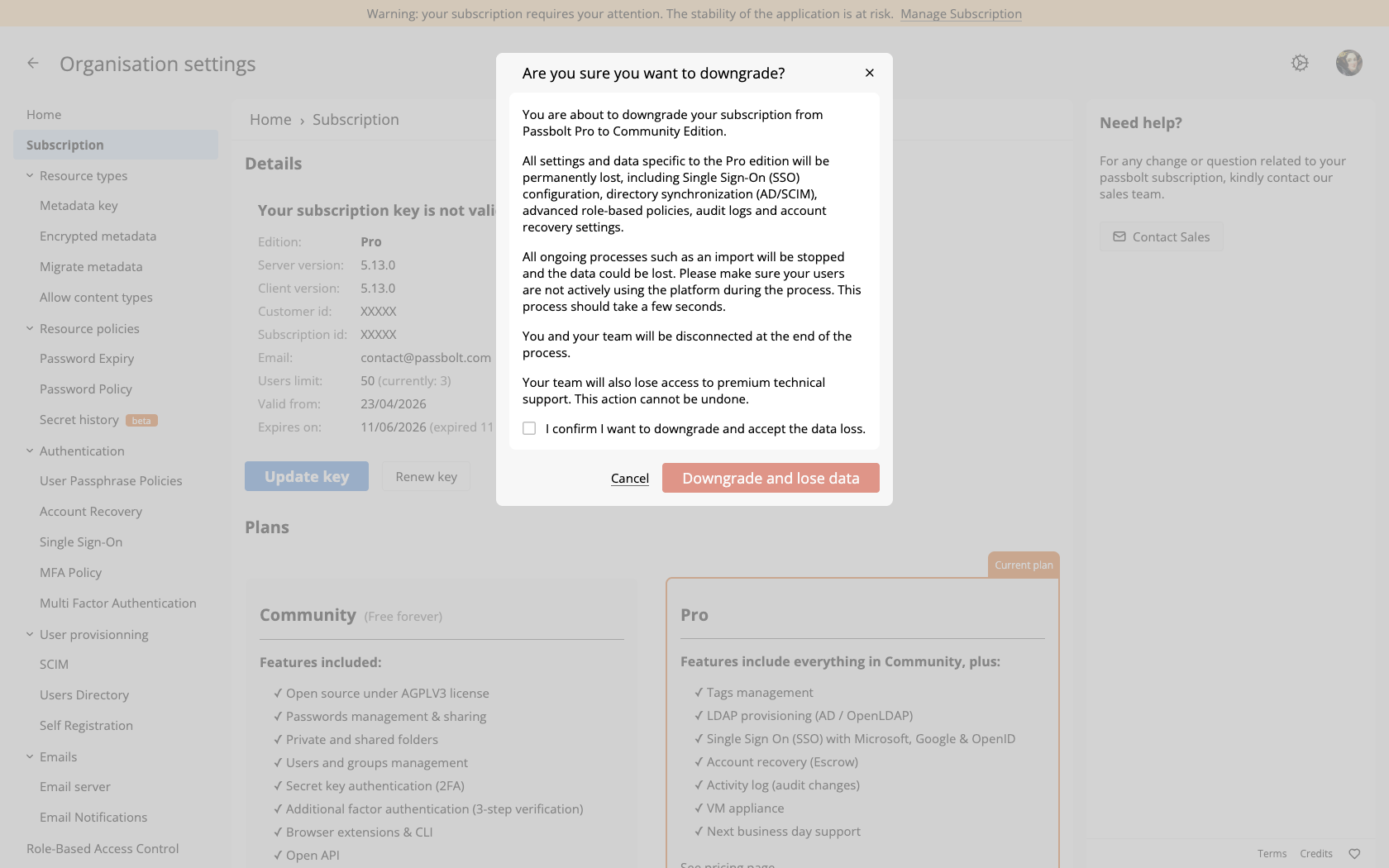 Import Subscription Key - Downgrade warning modal