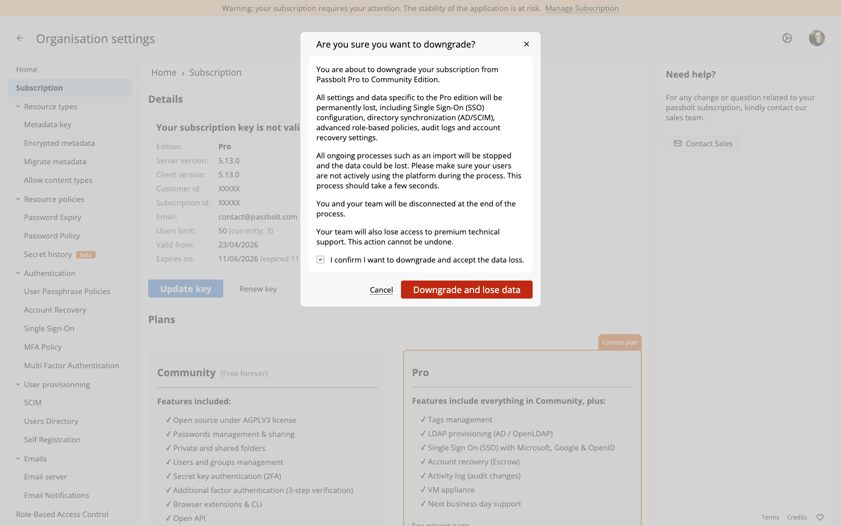 Import Subscription Key - Downgrade confirmation