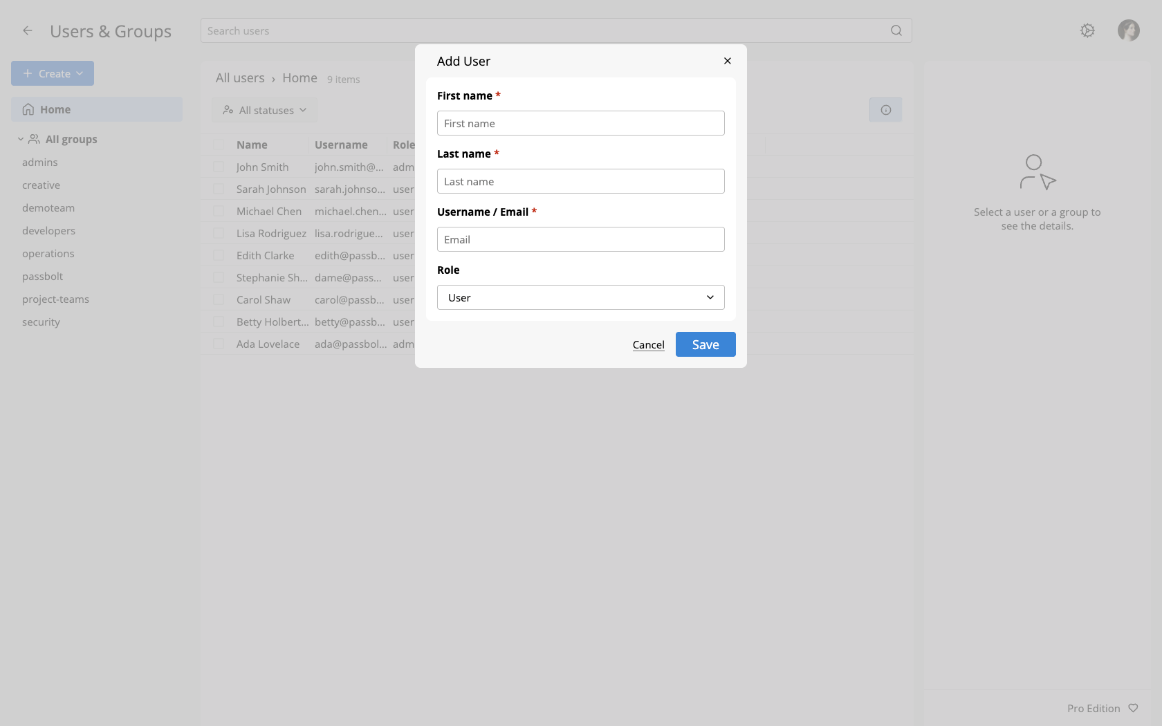 Add User dialog with first name, last name, username and role fields