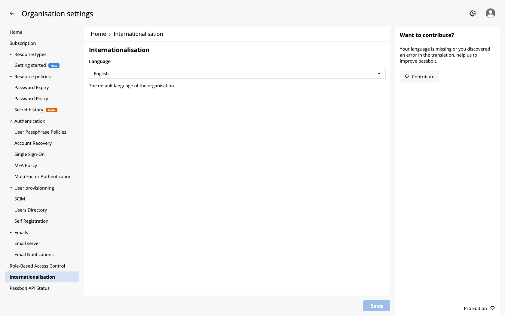 Internationalisation administration screen