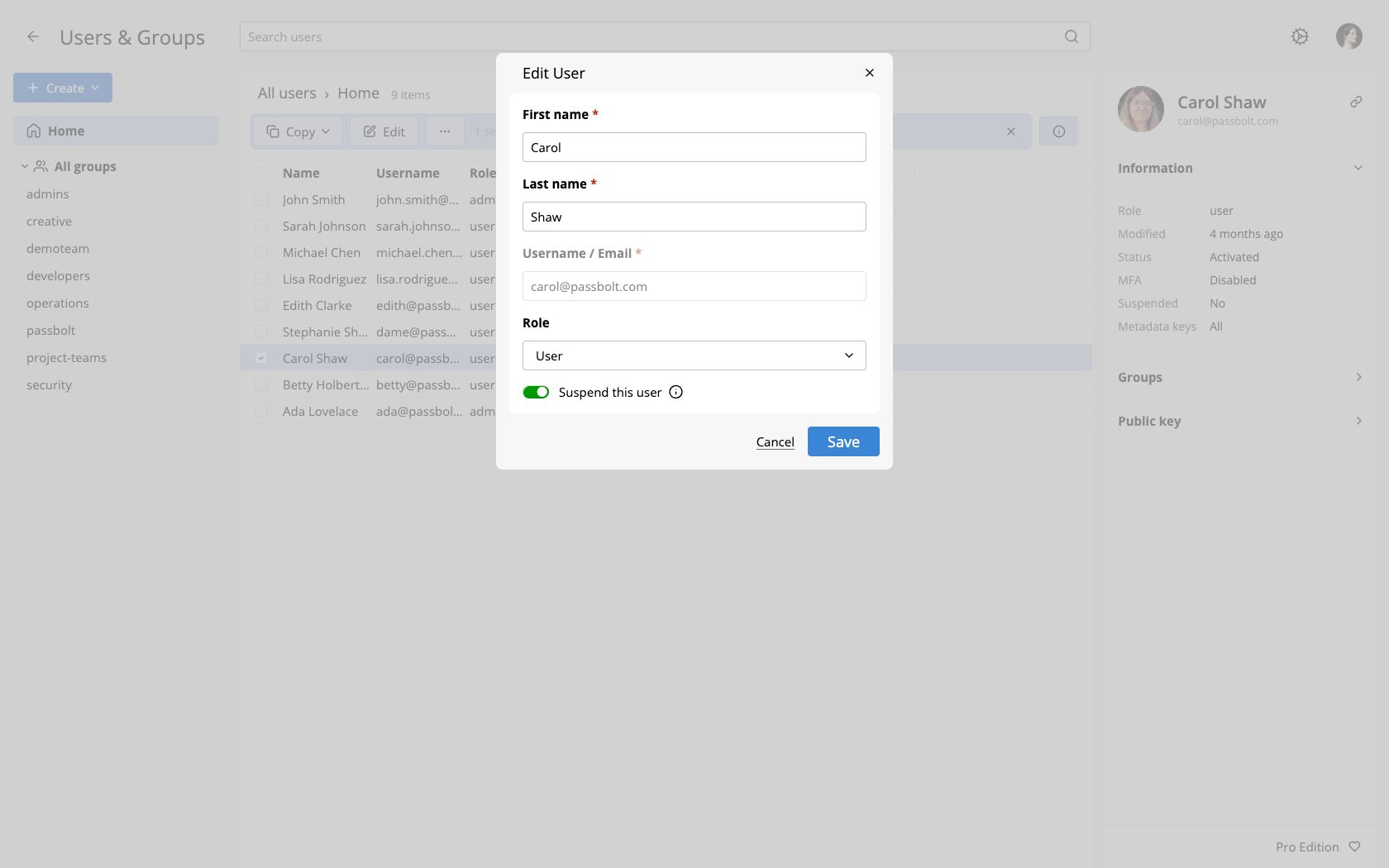Edit User dialog with the Suspend this user toggle turned on