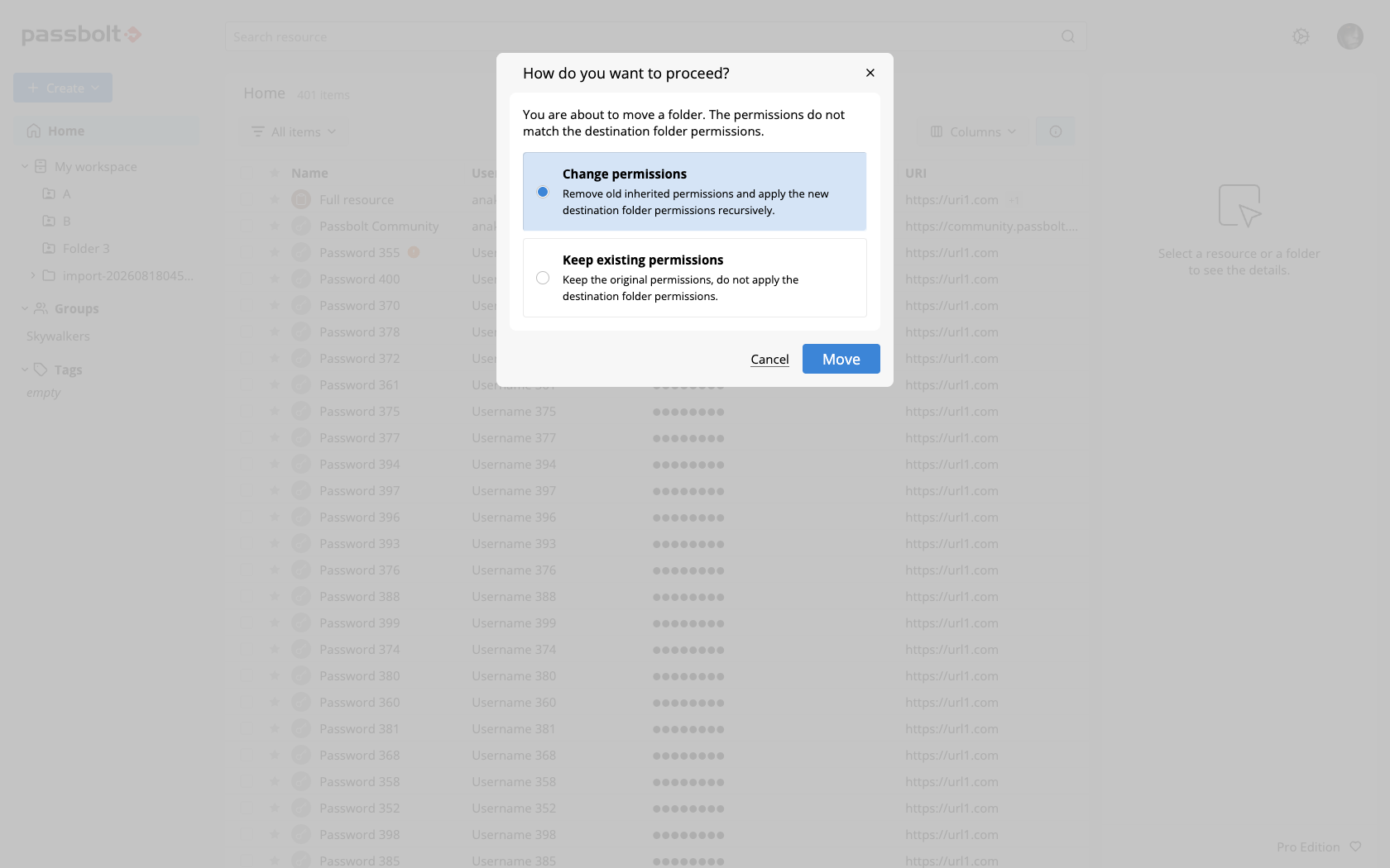 The How do you want to proceed dialog, with the Change permissions option selected and the Keep existing permissions option below it