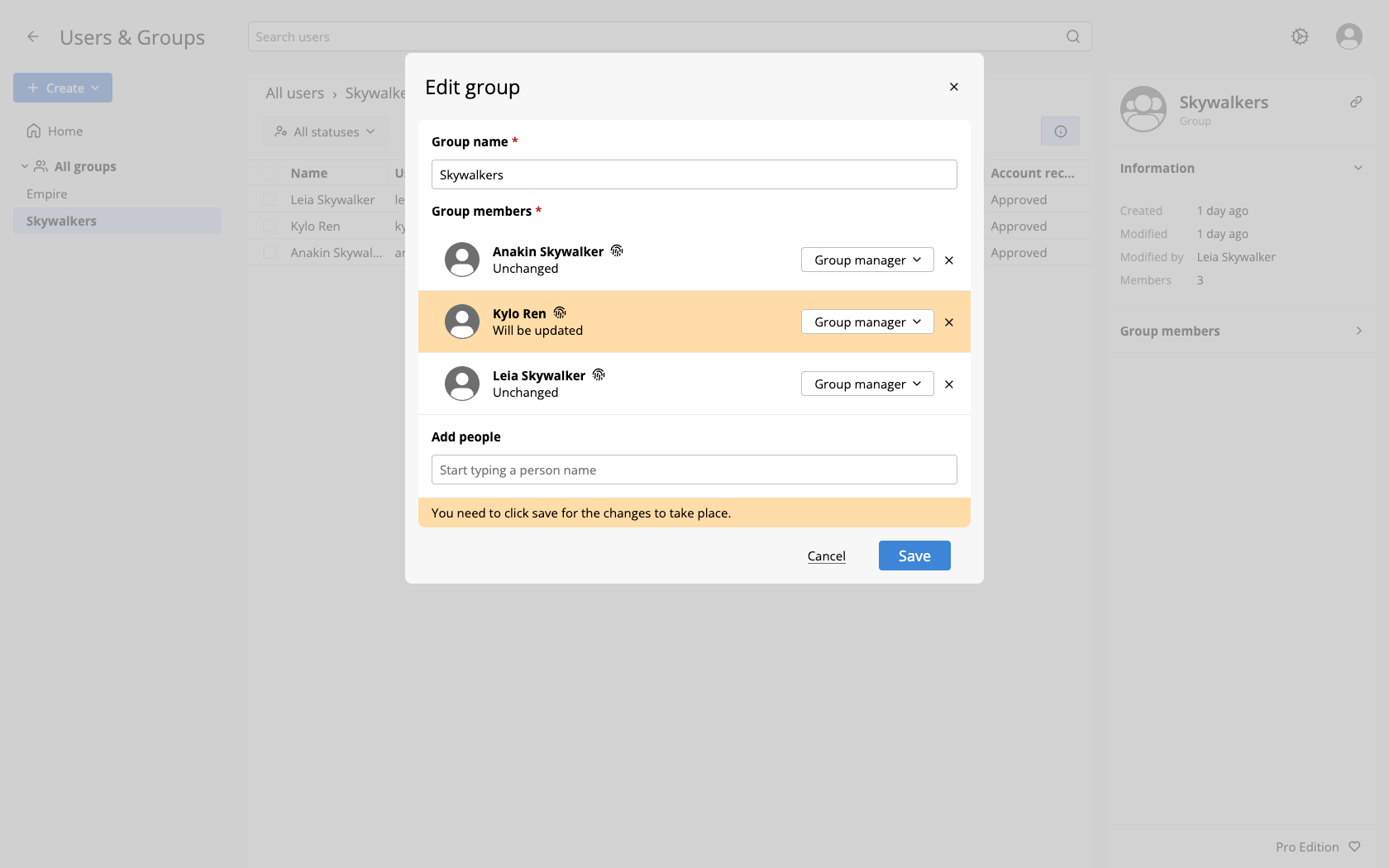 The group edit dialog, with the list of members of the group