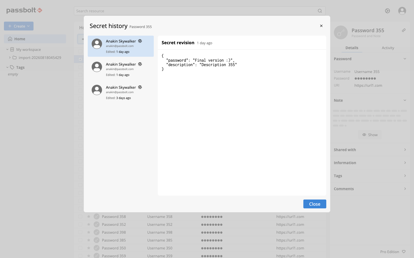 The Secret history dialog, with the list of revisions on the left and the selected revision on the right
