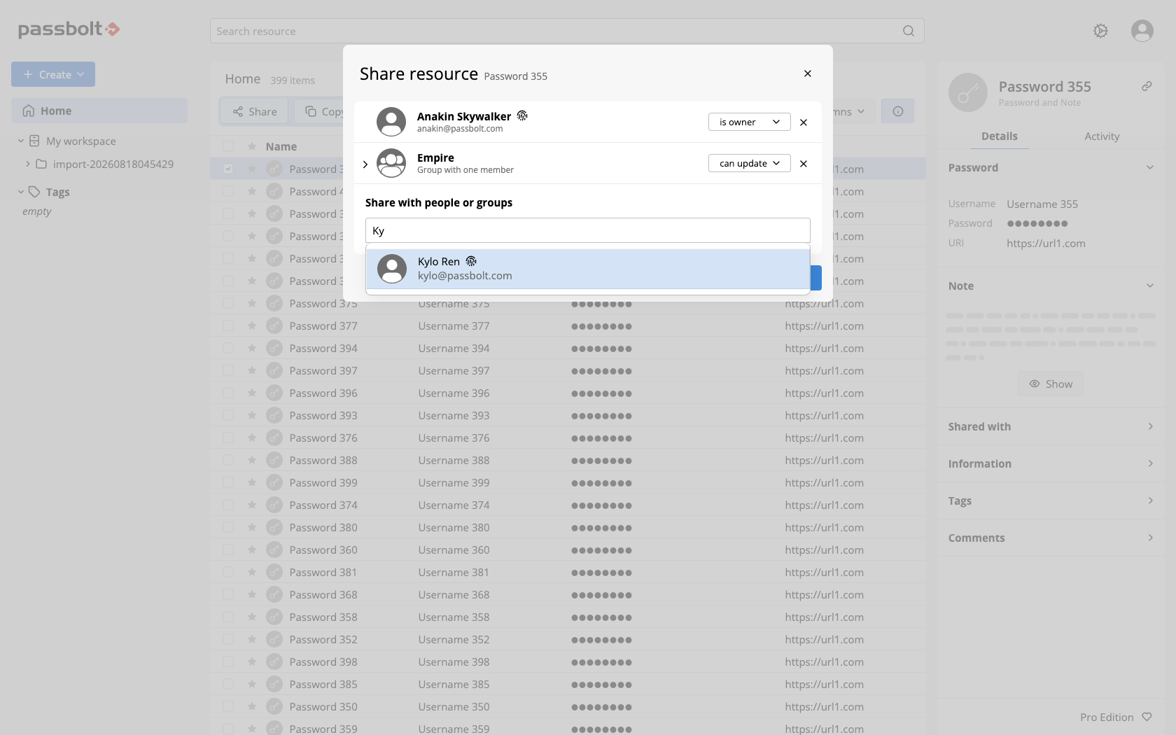 The Share resource dialog with the autocomplete list open, showing a user with their email address and a group with its member count