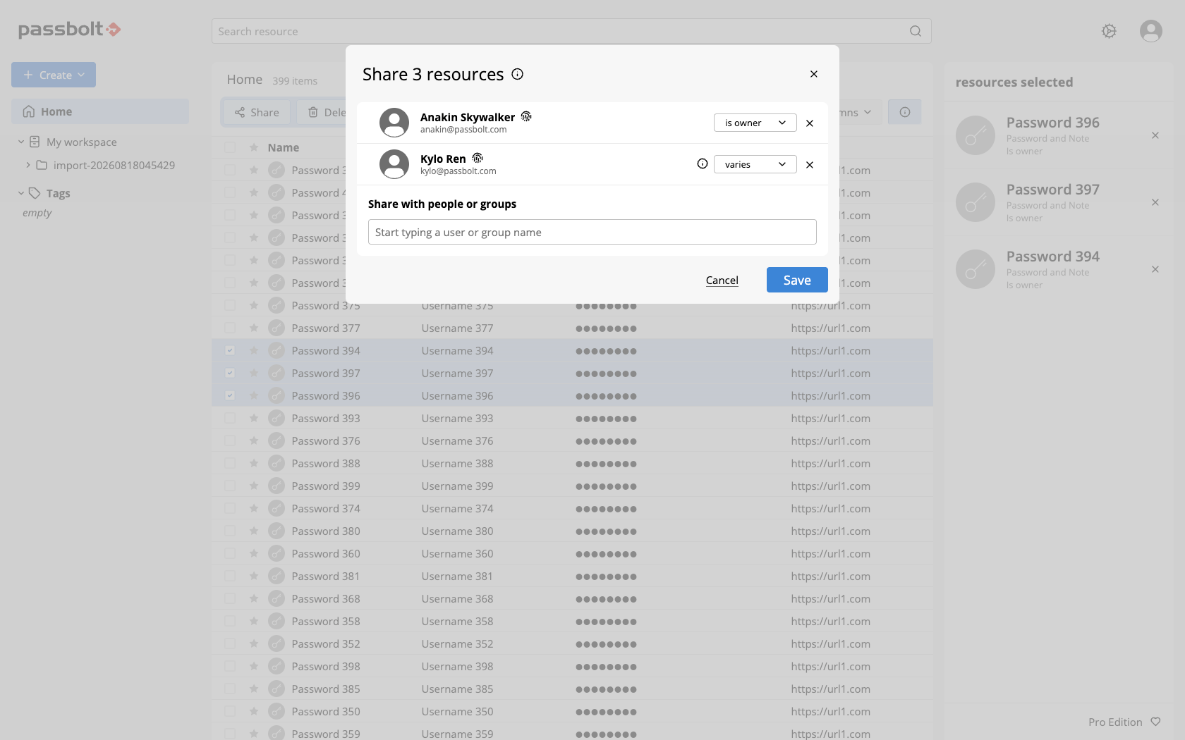 The share dialog for several resources, with a recipient whose permission level shows varies and its information icon